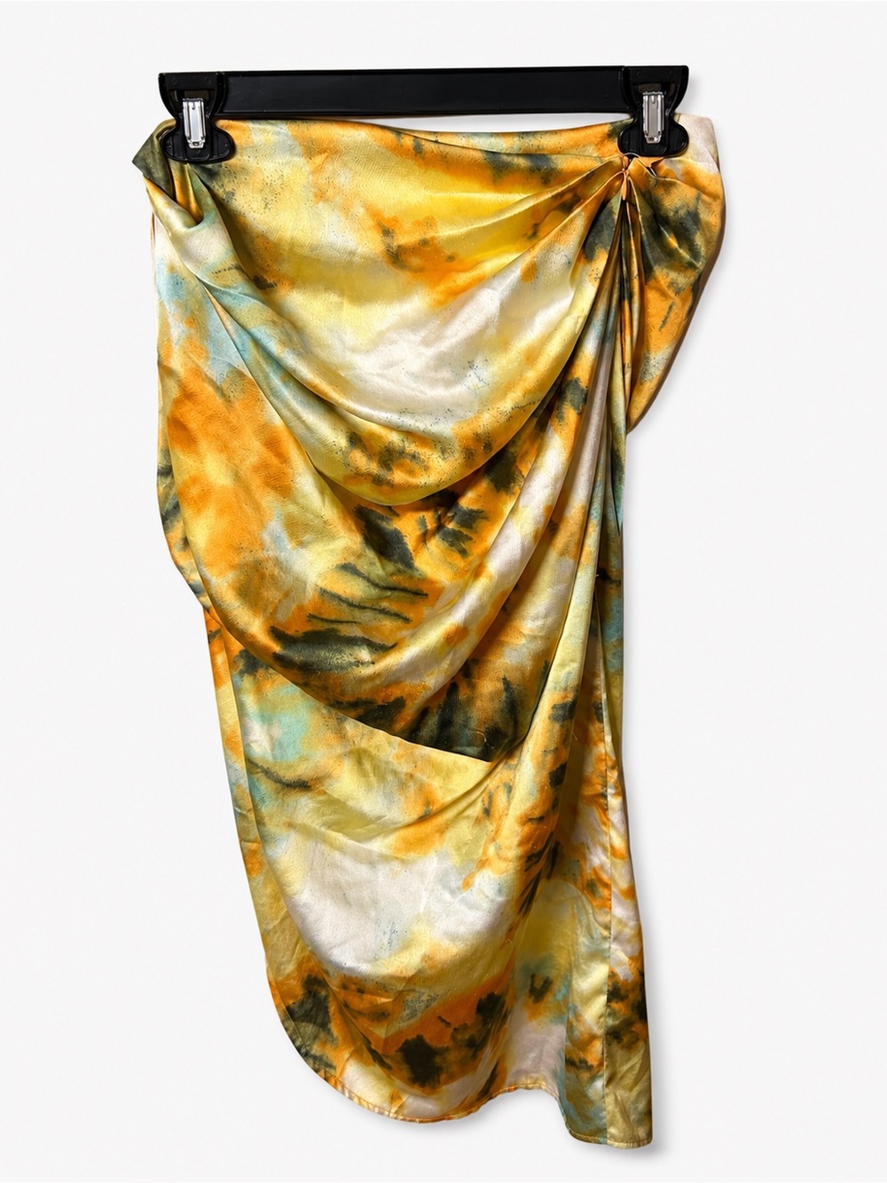 PrettyLittleThing Yellow Tie-Dye Draped Satin Midi Skirt